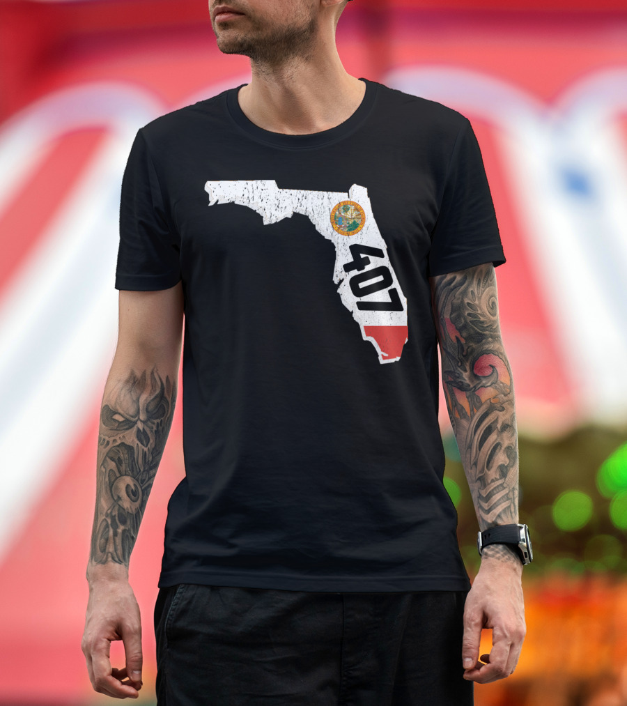 Florida Map Outline with State Seal and 407 Area Code T-Shirt