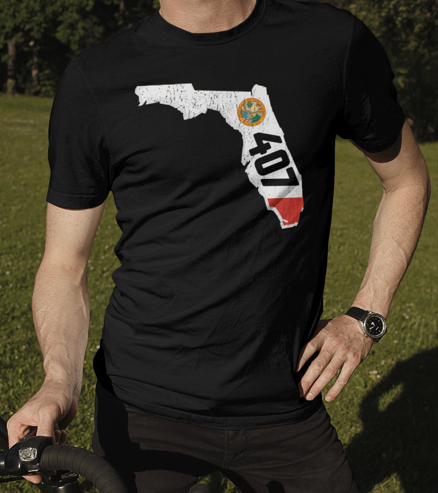 Florida Map Outline With State Seal And 407 Area Code T-Shirt