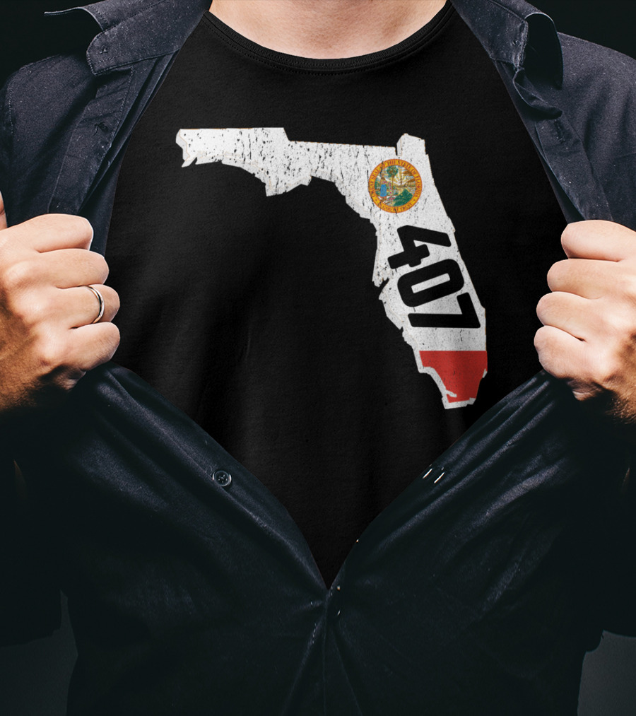 Florida Map Outline With State Seal And 407 Area Code T-Shirt