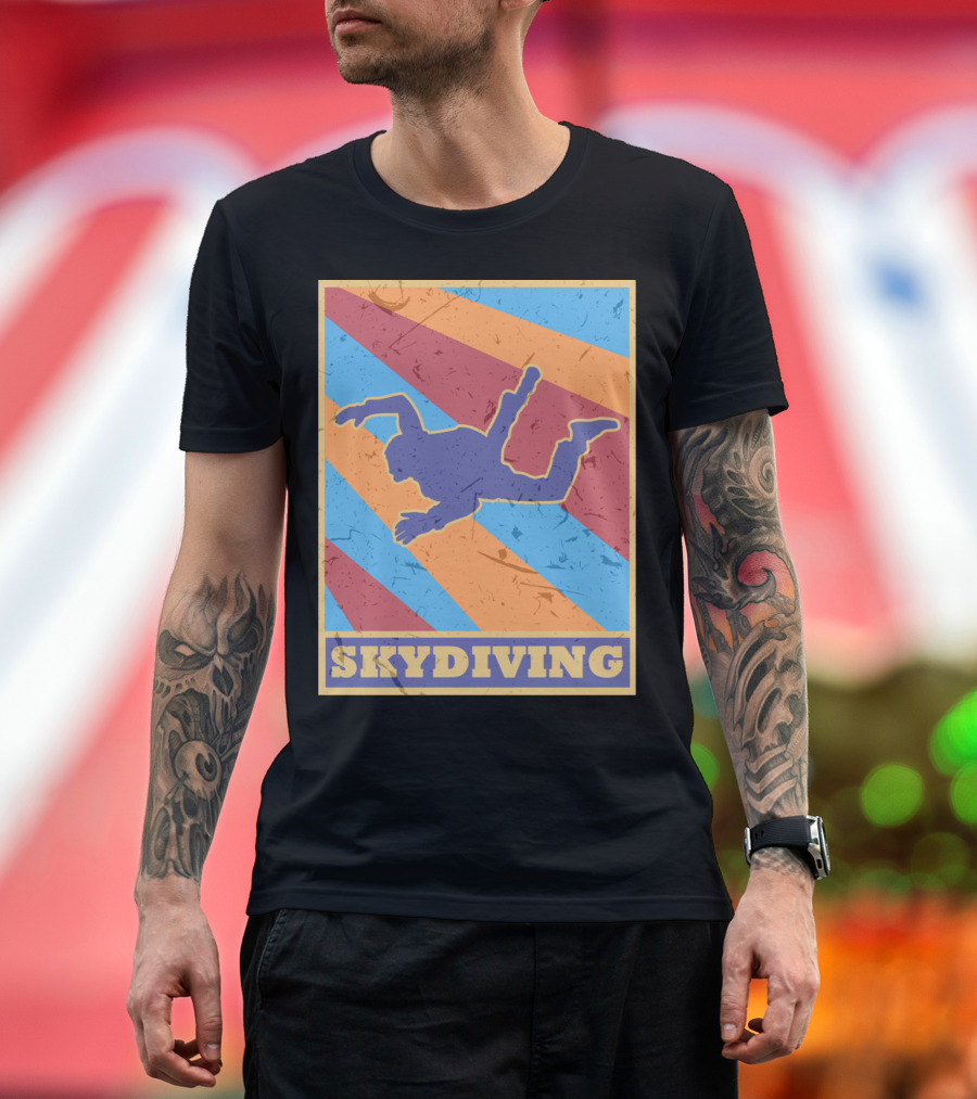 Vintage Skydiving Silhouette with Colorful Retro Stripes T-Shirt