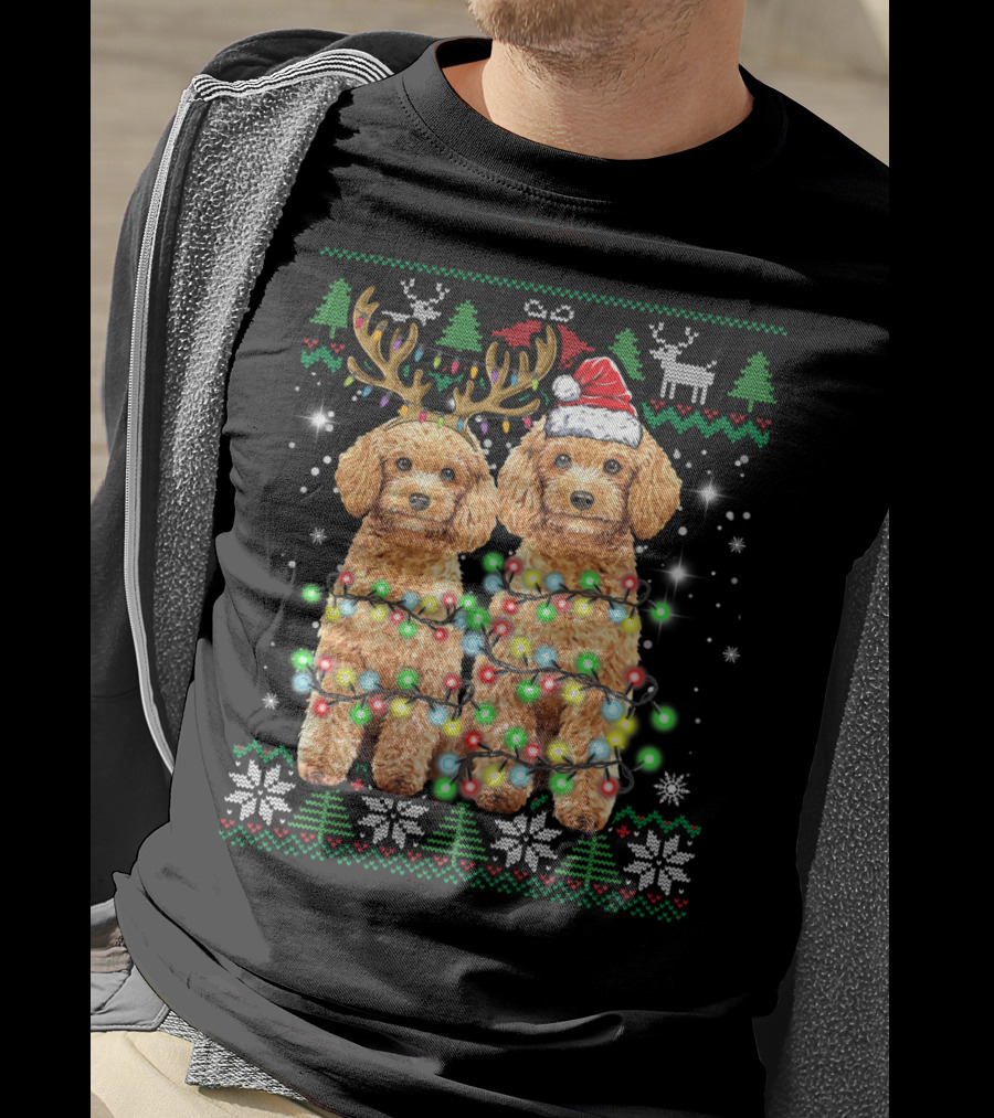 Poodle Dog Ugly Christmas Reindeer Hat Lights Puppy Funny Dog T-Shirt