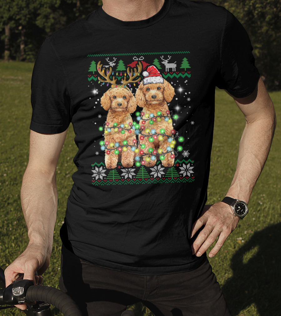 Poodle Dog Ugly Christmas Reindeer Hat Lights Puppy Funny Dog T-Shirt