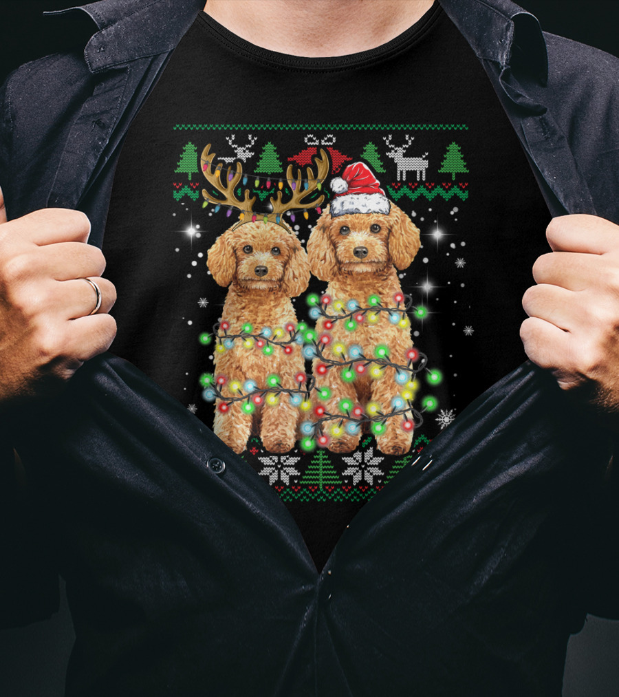 Poodle Dog Ugly Christmas Reindeer Hat Lights Puppy Funny Dog T-Shirt