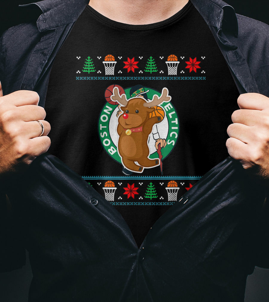 Boston Celtics Reindeer Ugly Christmas Basketball T-Shirt