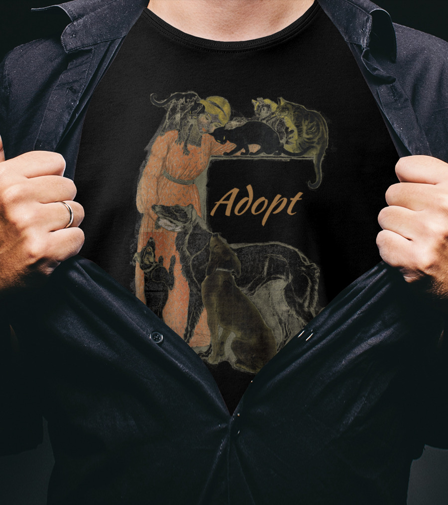 Rescue Adopt Love Dog And Cat Lover With Vintage Style Woman Surrounded By Pets T-Shirt