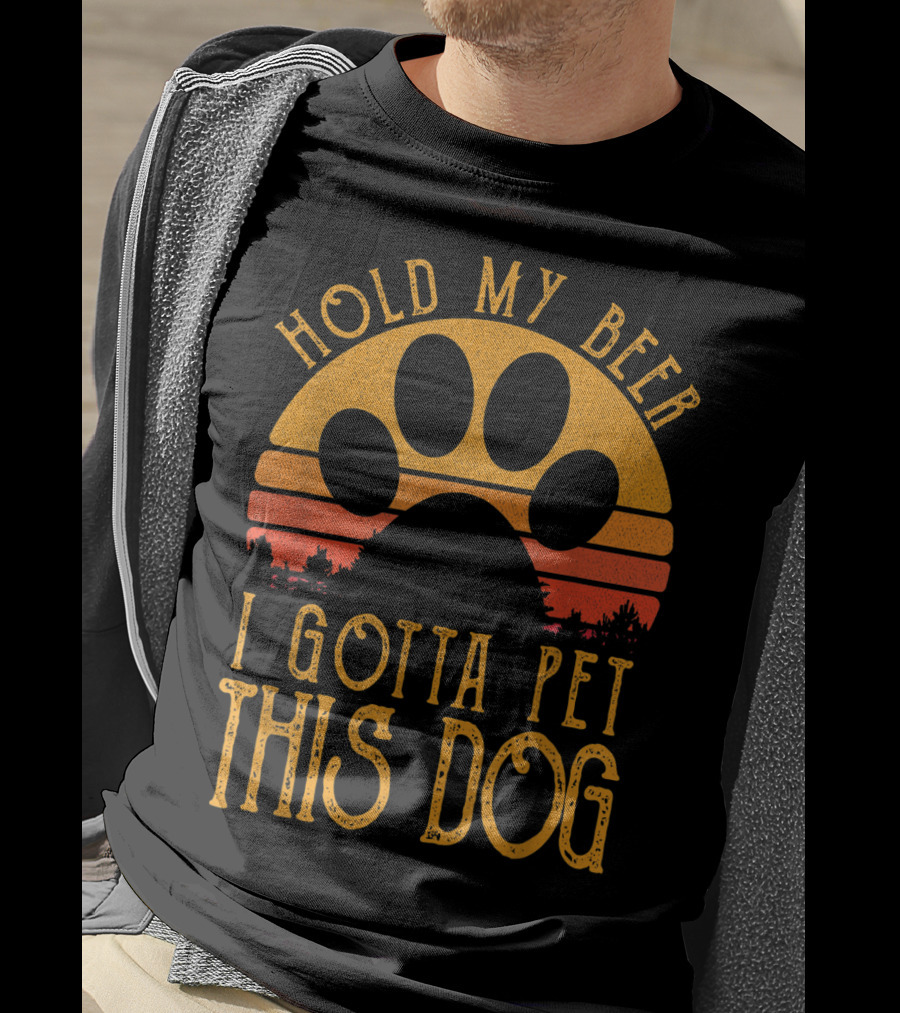Hold My Beer I Gotta Pet This Dog Retro Vintage Paw Print Sunset T-Shirt