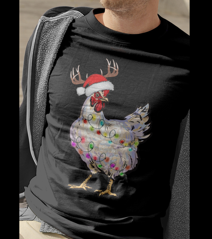 Santa Chicken Reindeer With Christmas Lights And Antlers T-Shirt