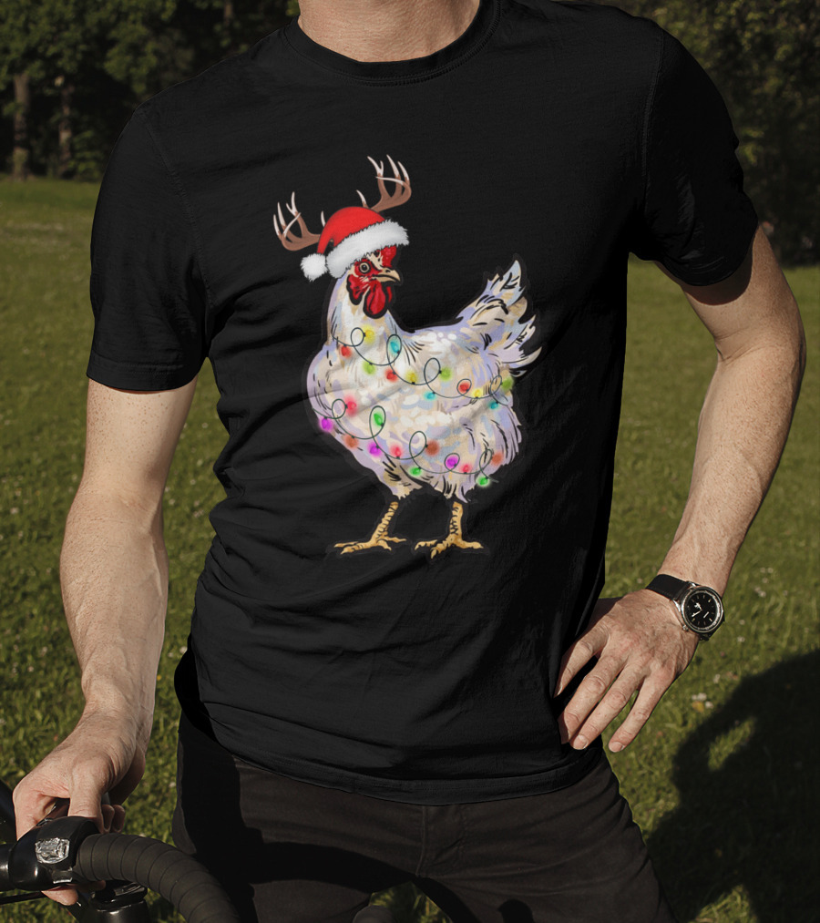 Santa Chicken Reindeer With Christmas Lights And Antlers T-Shirt