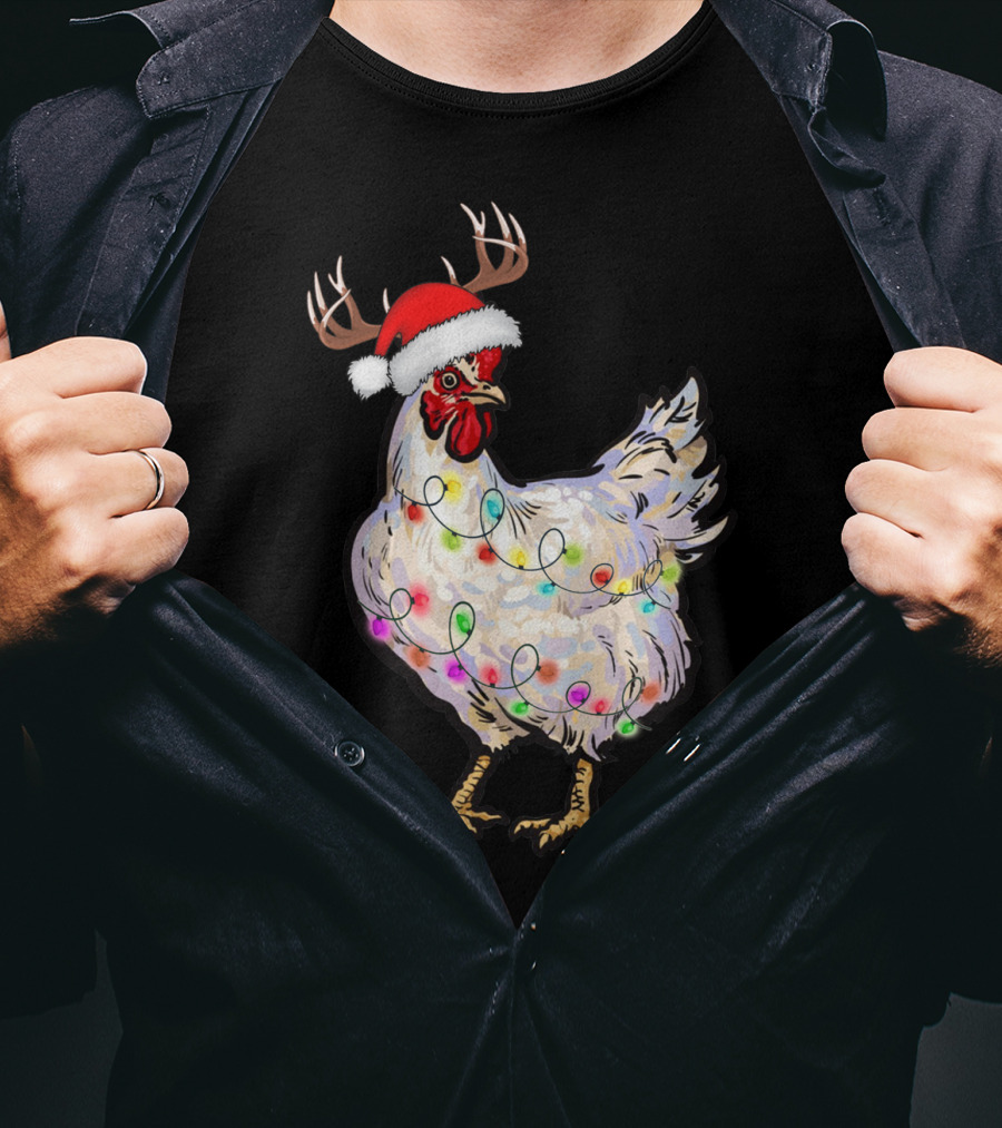 Santa Chicken Reindeer With Christmas Lights And Antlers T-Shirt