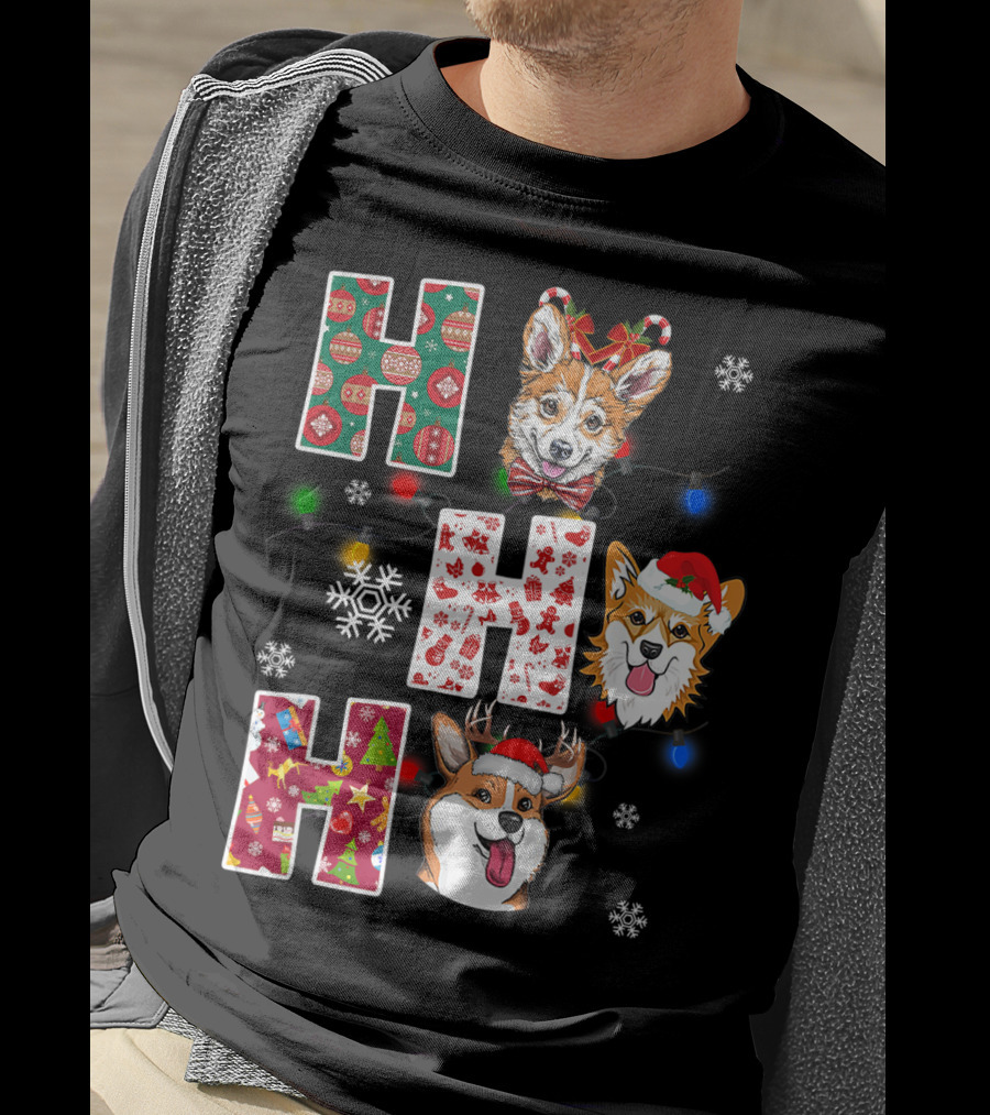Ho Ho Ho Santa Corgi Christmas Lights Snowflakes T-Shirt
