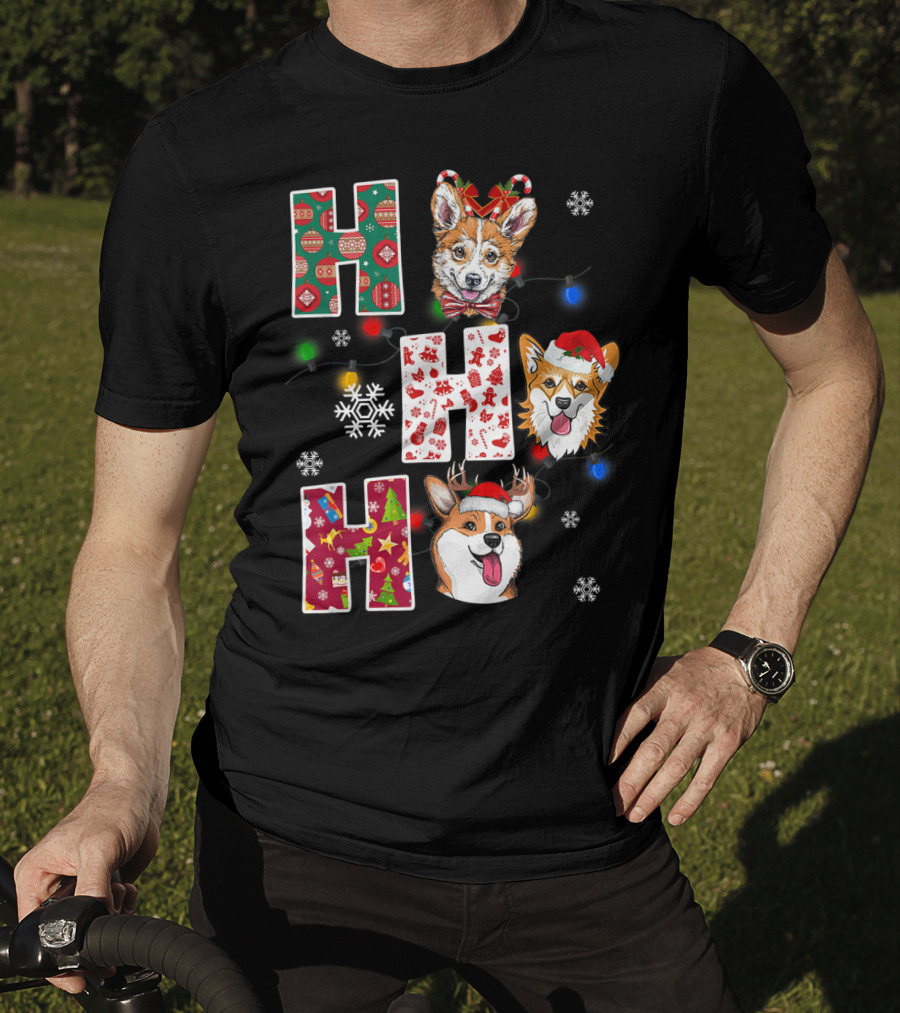 Ho Ho Ho Santa Corgi Christmas Lights Snowflakes T-Shirt
