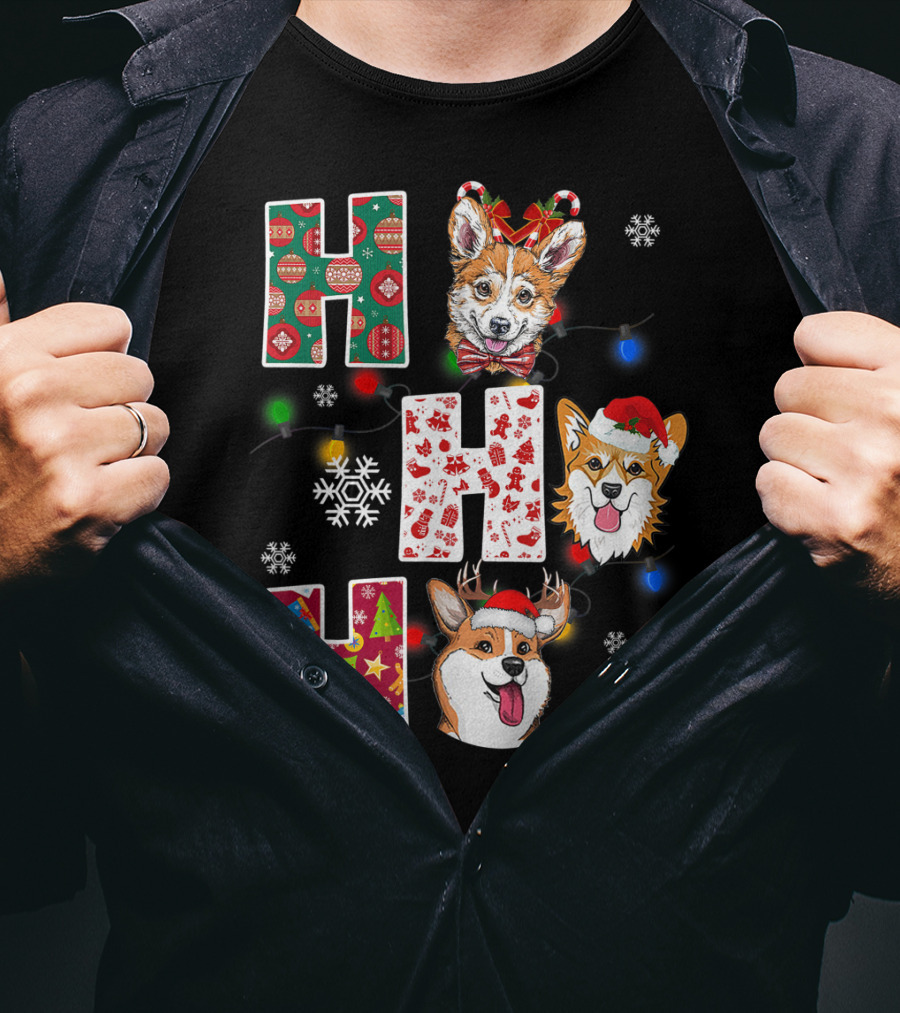 Ho Ho Ho Santa Corgi Christmas Lights Snowflakes T-Shirt