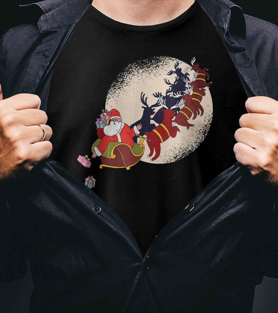Santa Claus Flying With Reindeers Silhouette Under Full Moon Carrying Gift Sack T-Shirt