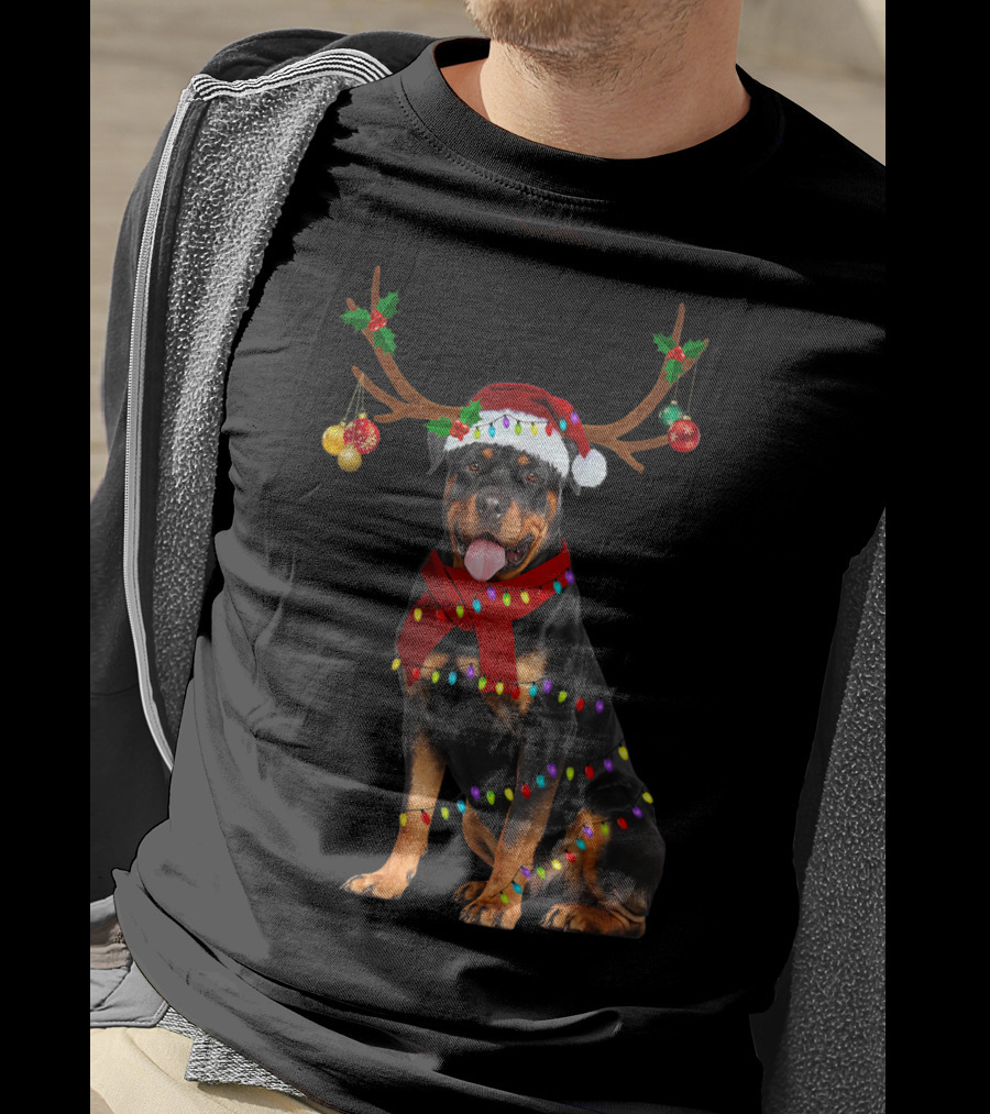 Santa Rottweiler Christmas Reindeer Lights T-Shirt