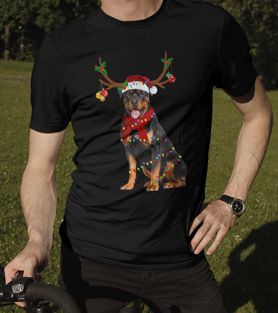Santa Rottweiler Christmas Reindeer Lights T-Shirt