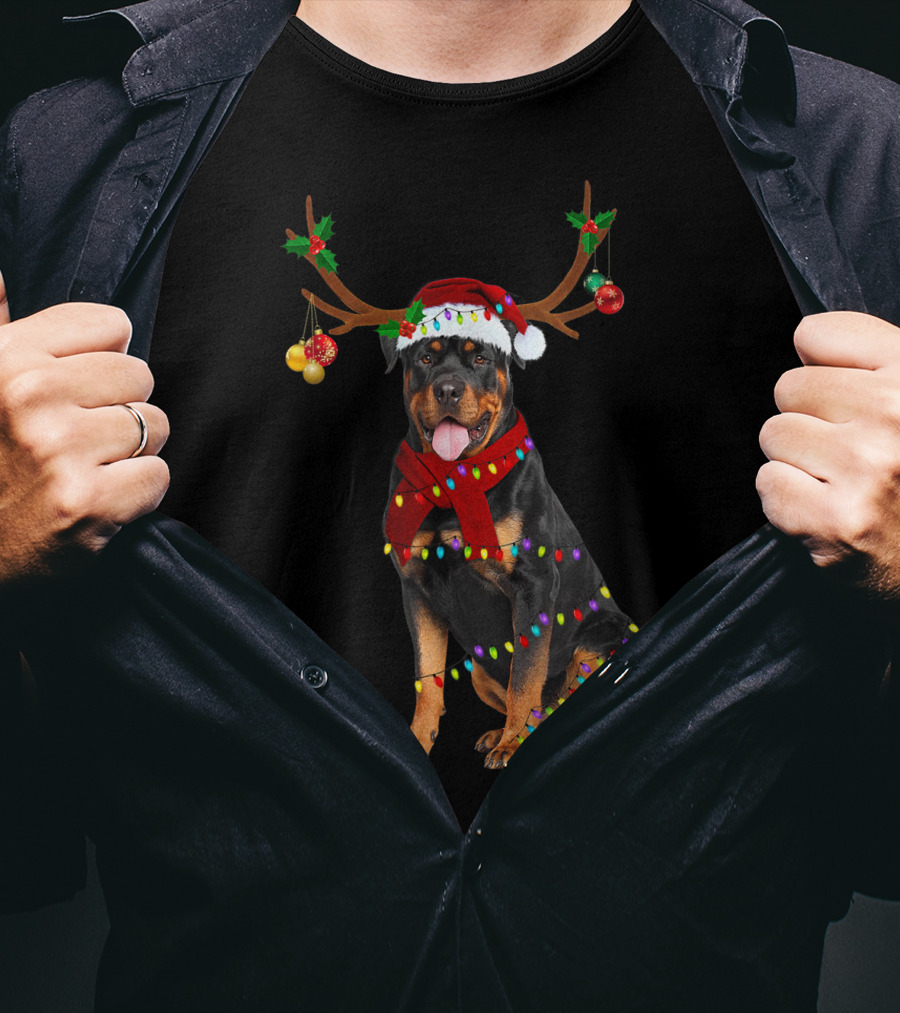 Santa Rottweiler Christmas Reindeer Lights T-Shirt