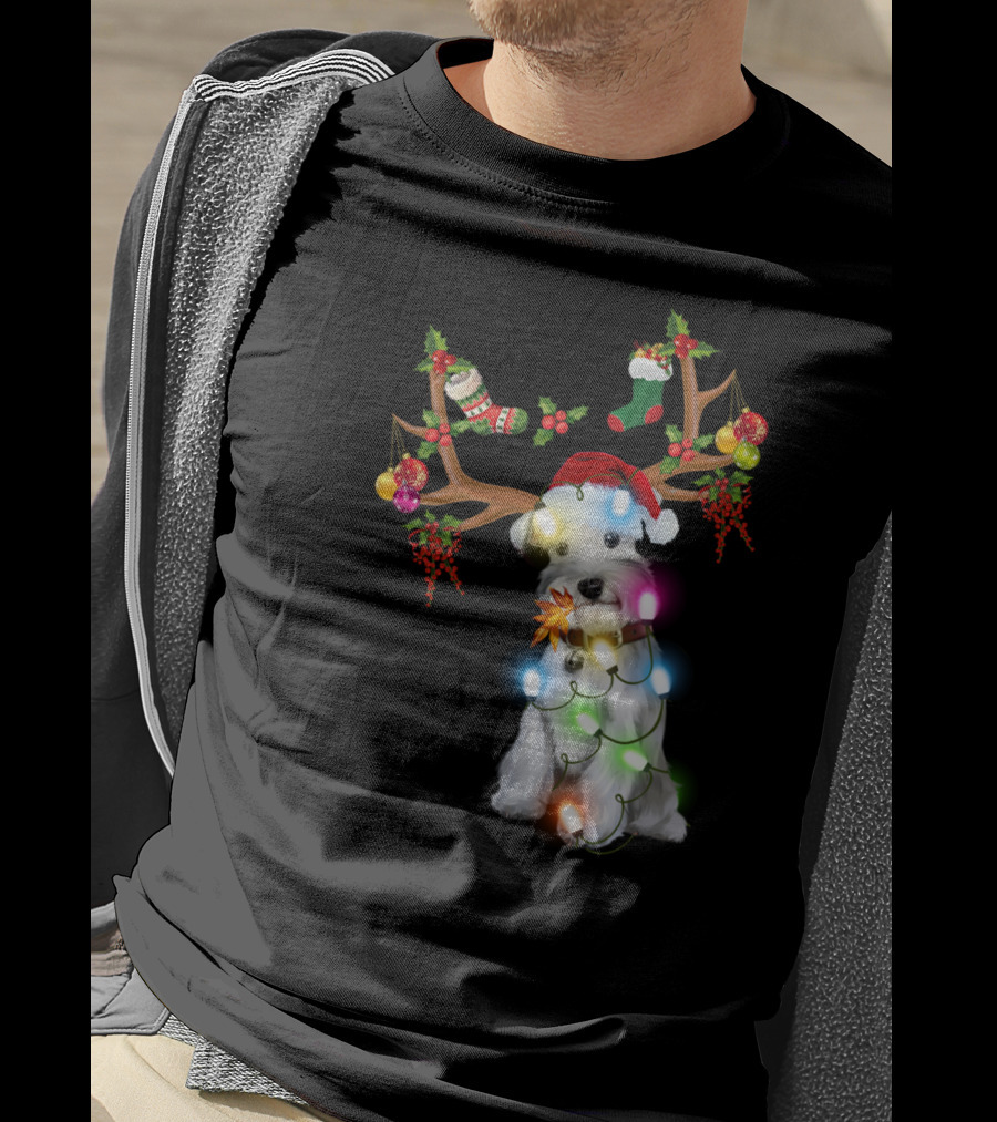 Santa Schnauzer Christmas Lights Reindeer Antlers Holiday Lover T-Shirt