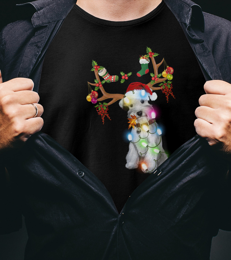 Santa Schnauzer Christmas Lights Reindeer Antlers Holiday Lover T-Shirt