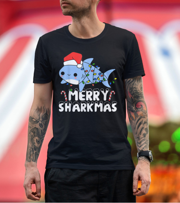 Premium T-Shirt: Merry Sharkmas Santa Shark Christmas Lights Boys T-Shirt Merry Sharkmas Santa Shark Christmas Lights Boys T-Shirt