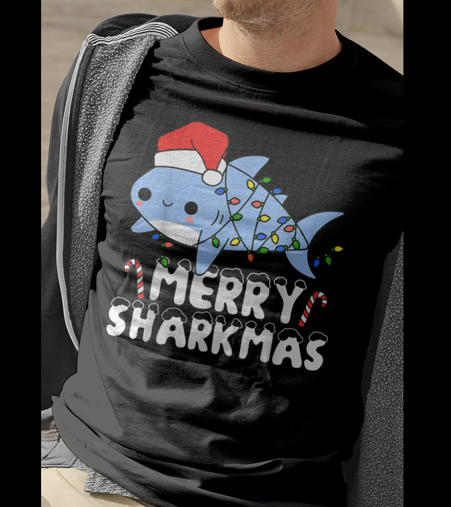 Merry Sharkmas Santa Shark Christmas Lights Boys T-Shirt