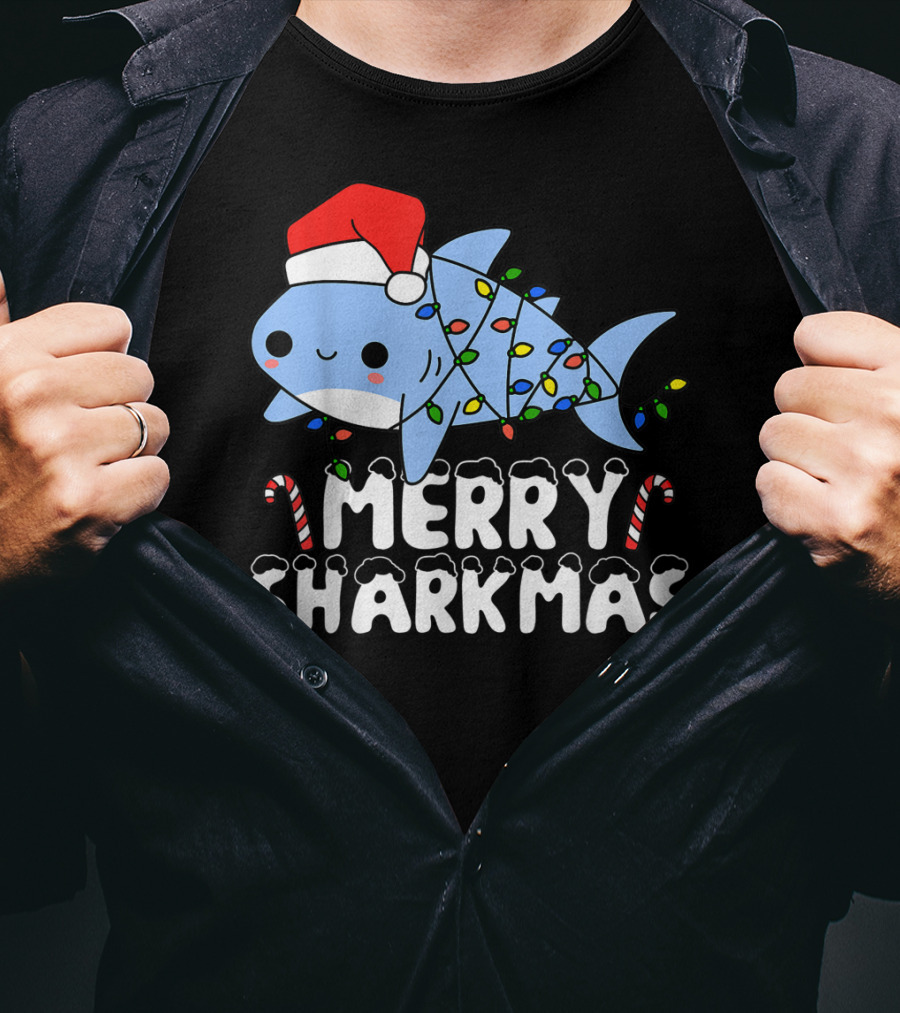 Merry Sharkmas Santa Shark Christmas Lights Boys T-Shirt