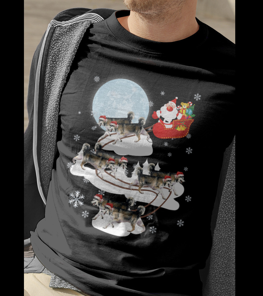 Santa Sleigh Alaskan Malamute Christmas Dog Moon Snowflakes T-Shirt