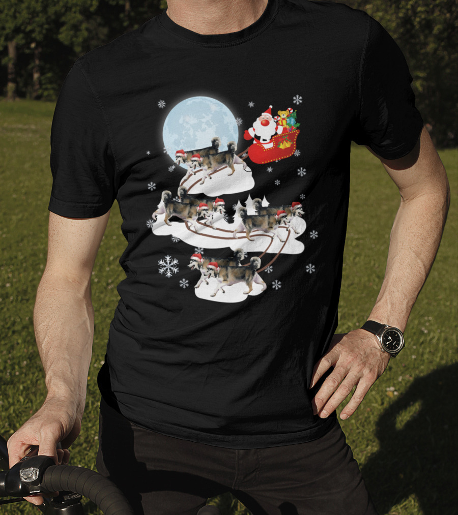 Santa Sleigh Alaskan Malamute Christmas Dog Moon Snowflakes T-Shirt