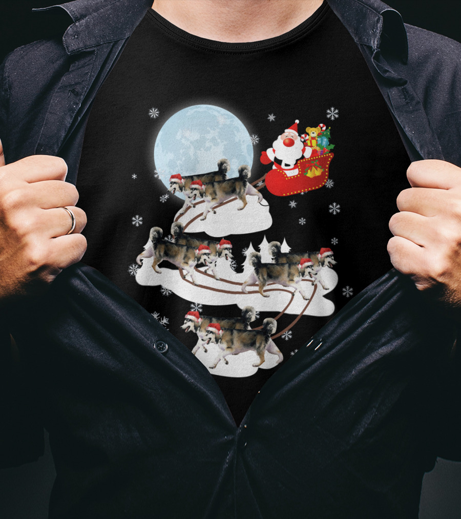 Santa Sleigh Alaskan Malamute Christmas Dog Moon Snowflakes T-Shirt