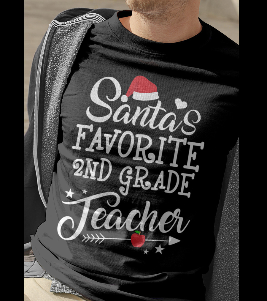 Santa's Favorite 2nd Grade Teacher With Santa Hat Heart Stars Arrow Apple T-Shirt