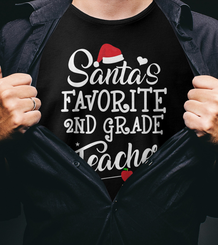 Santa's Favorite 2nd Grade Teacher With Santa Hat Heart Stars Arrow Apple T-Shirt