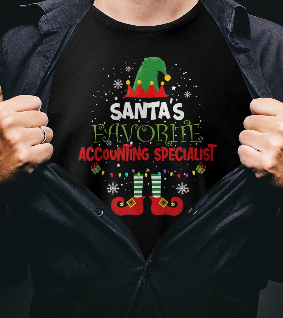 Santa's Favorite Accounting Specialist Elf Theme With Christmas Snowflakes And Gifts T-Shirt