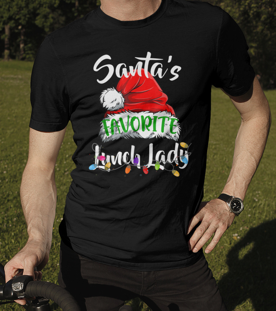 Santa's Favorite Lunch Lady Santa Hat Christmas Lights T-Shirt