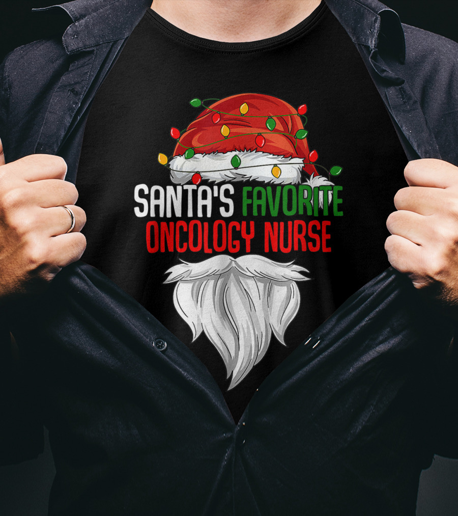 Santa's Favorite Oncology Nurse Christmas Lights And Beard T-Shirt
