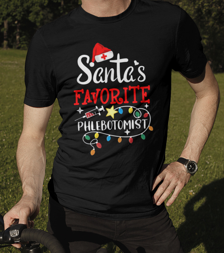 Santa's Favorite Phlebotomist With Santa Hat, Syringe, And Festive Lights T-Shirt
