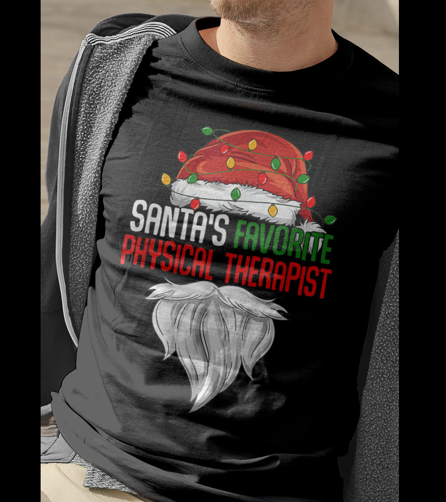 Santa's Favorite Physical Therapist Christmas Lights Hat And Beard T-Shirt