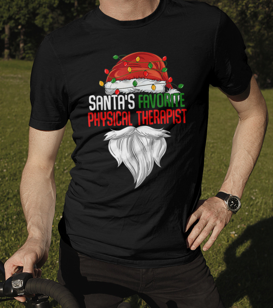 Santa's Favorite Physical Therapist Christmas Lights Hat And Beard T-Shirt