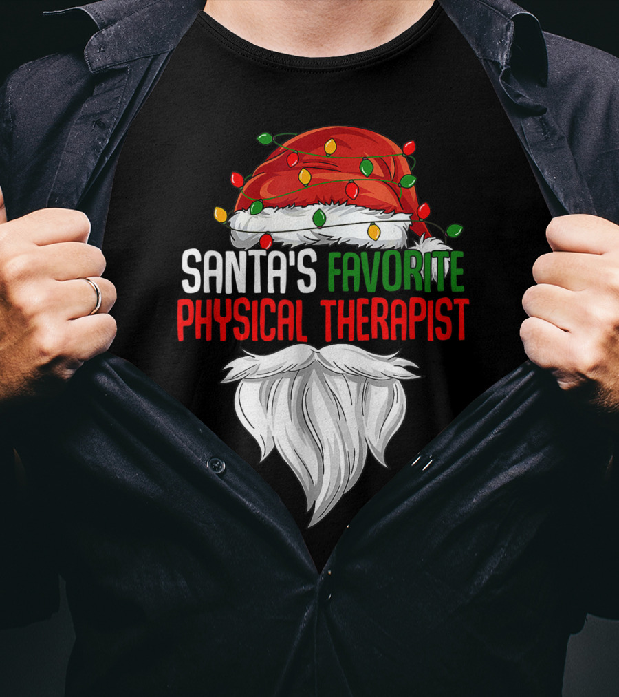 Santa's Favorite Physical Therapist Christmas Lights Hat And Beard T-Shirt