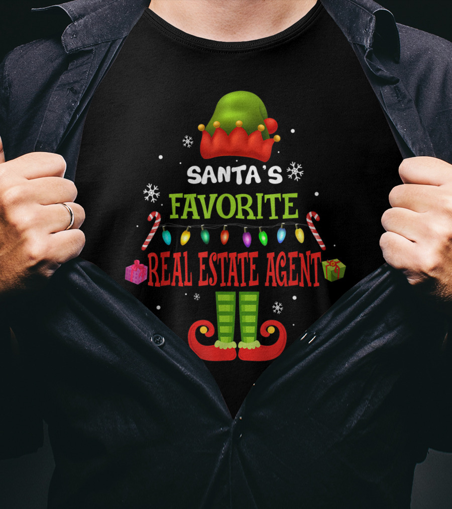 Santa's Favorite Real Estate Agent Christmas Elf Lights Candy Canes Gifts Snowflakes T-Shirt