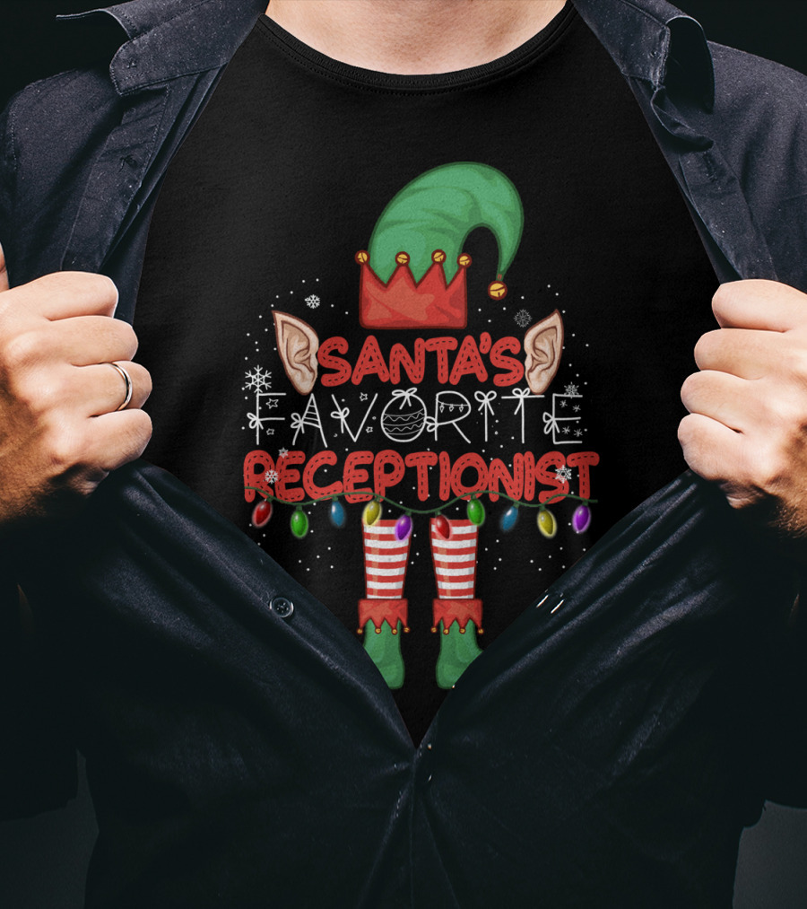 Santa's Favorite Receptionist Elf Hat Christmas Lights T-Shirt