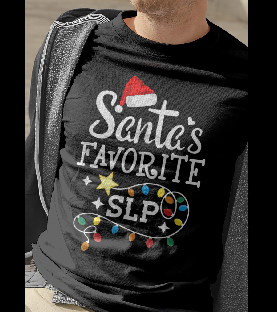 Santa's Favorite SLP Speechlanguage Christmas Lights And Santa Hat T-Shirt