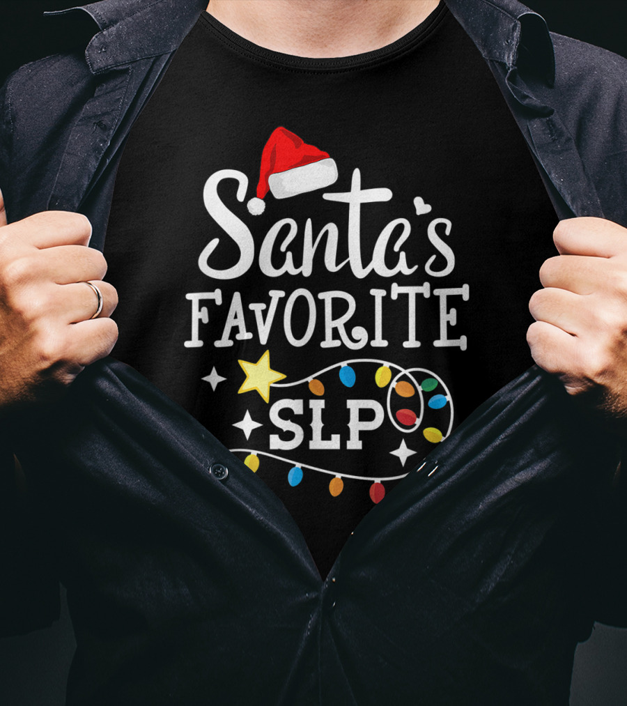 Santa's Favorite SLP Speechlanguage Christmas Lights And Santa Hat T-Shirt