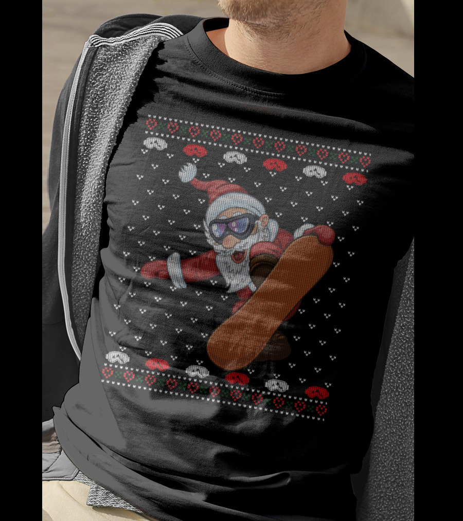 Snowboarding Santa With Goggles In Ugly Christmas T-Shirt