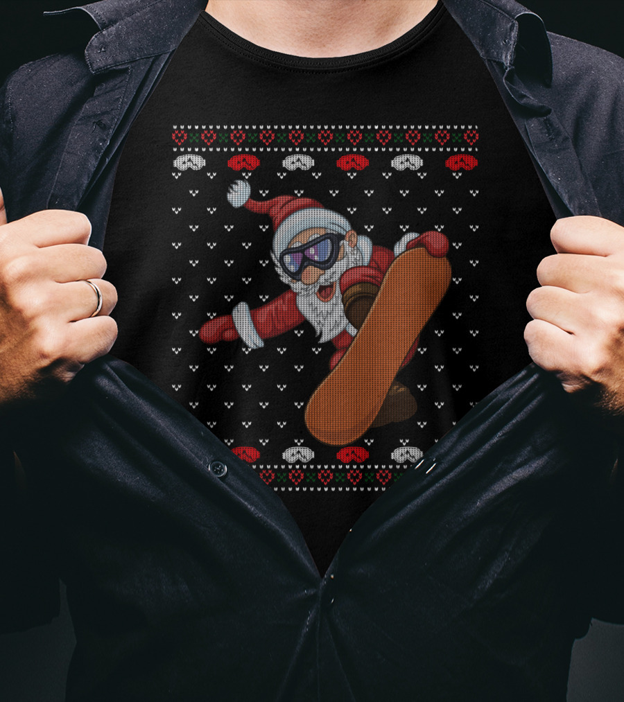 Snowboarding Santa With Goggles In Ugly Christmas T-Shirt