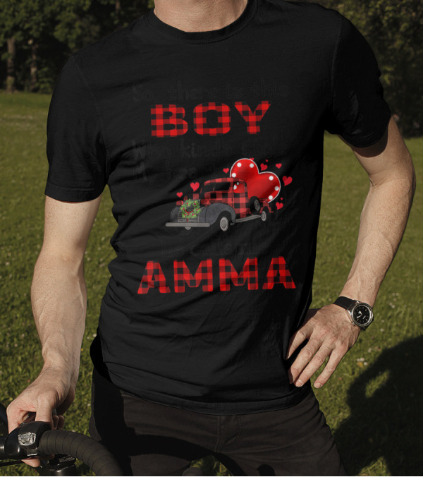 So There Is This Boy Who Kinda Stole My Heart He Calls Me Amma Red Plaid Truck Hearts T-Shirt