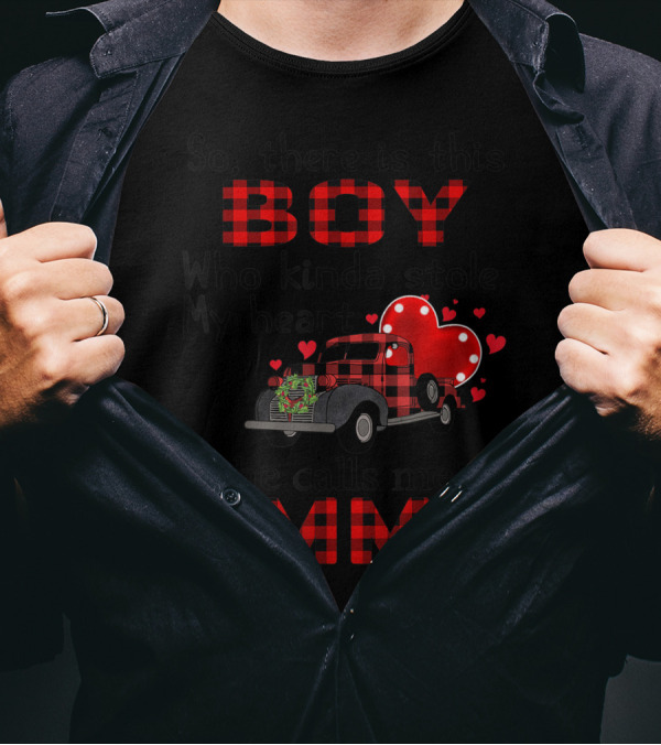 So There Is This Boy Who Kinda Stole My Heart He Calls Me Amma Red Plaid Truck Hearts T-Shirt