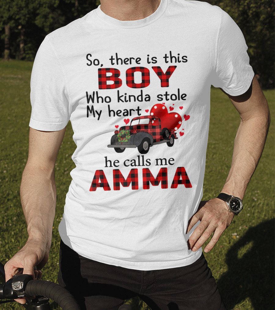 So There Is This Boy Who Kinda Stole My Heart He Calls Me Amma Red Plaid Truck Hearts T-Shirt