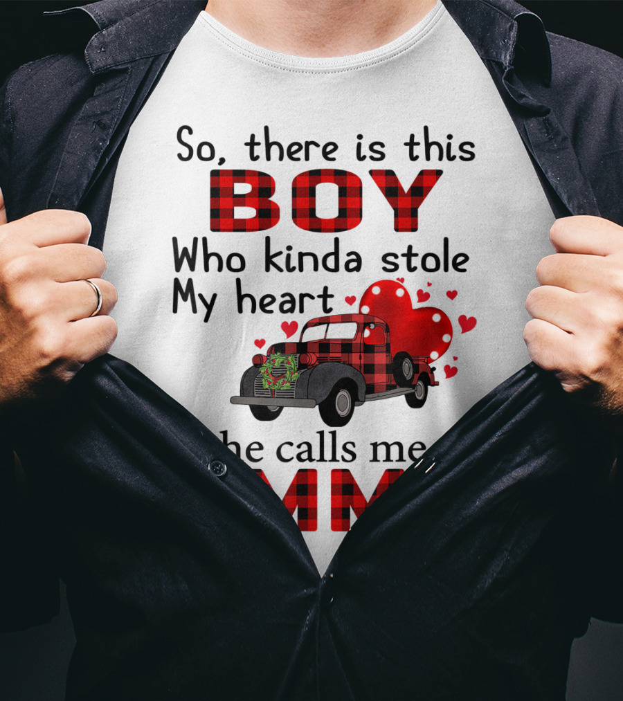 So There Is This Boy Who Kinda Stole My Heart He Calls Me Amma Red Plaid Truck Hearts T-Shirt