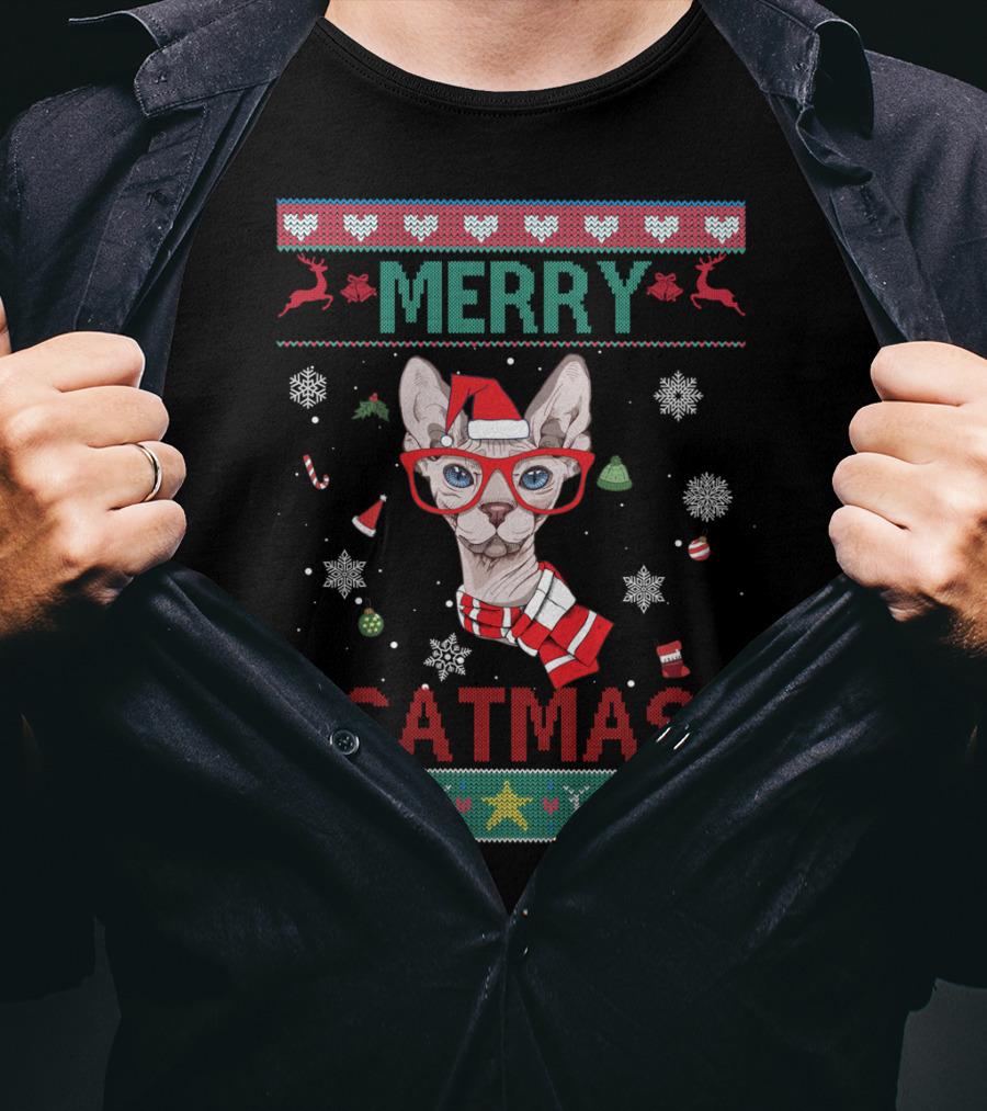 Merry Catmas Sphynx Cat With Santa Hat And Glasses For Christmas T-Shirt