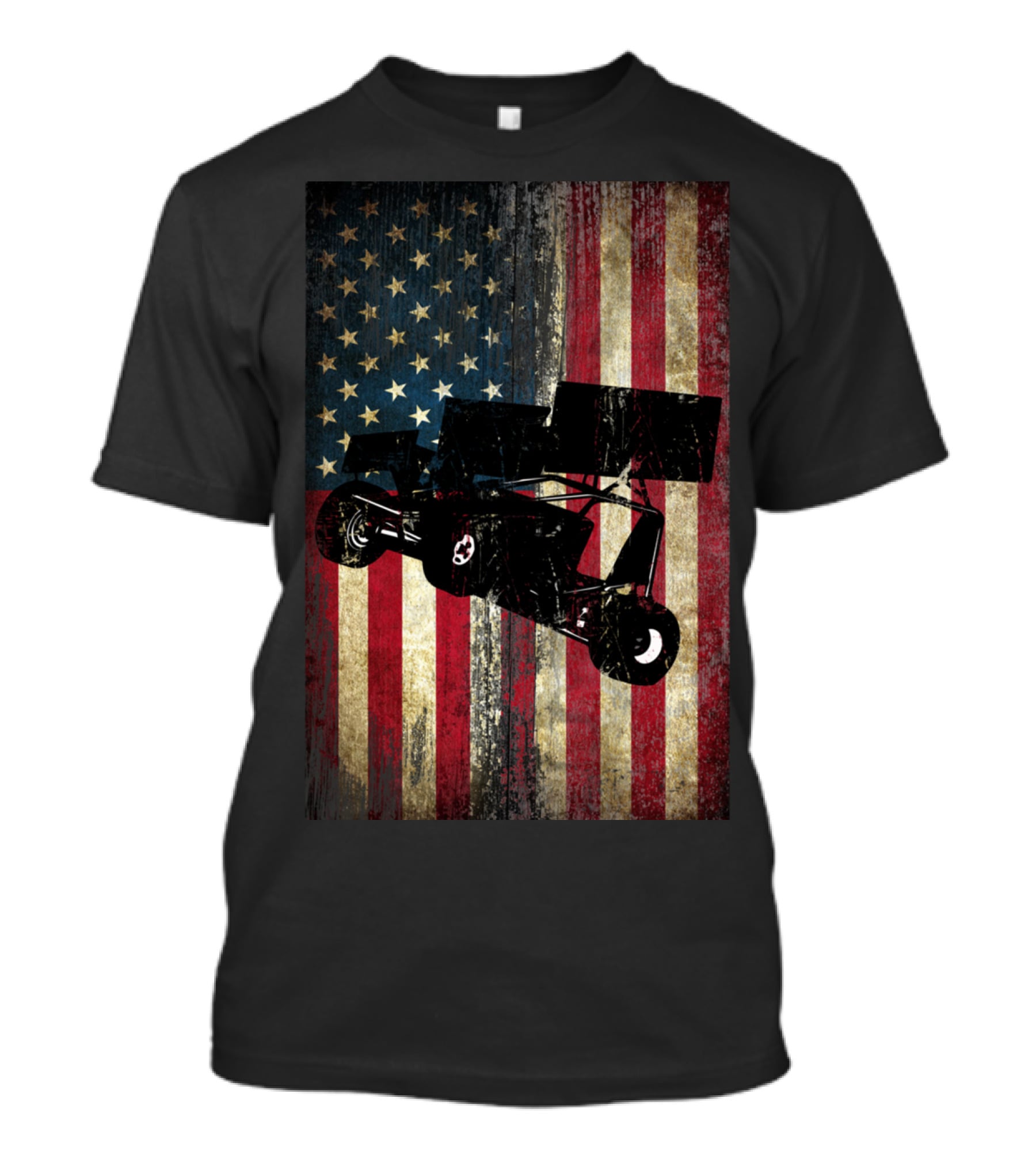 Sprint Car Dirt Track Racing American Flag Background T-Shirt