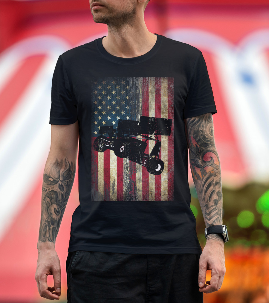 Sprint Car Dirt Track Racing American Flag Background T-Shirt